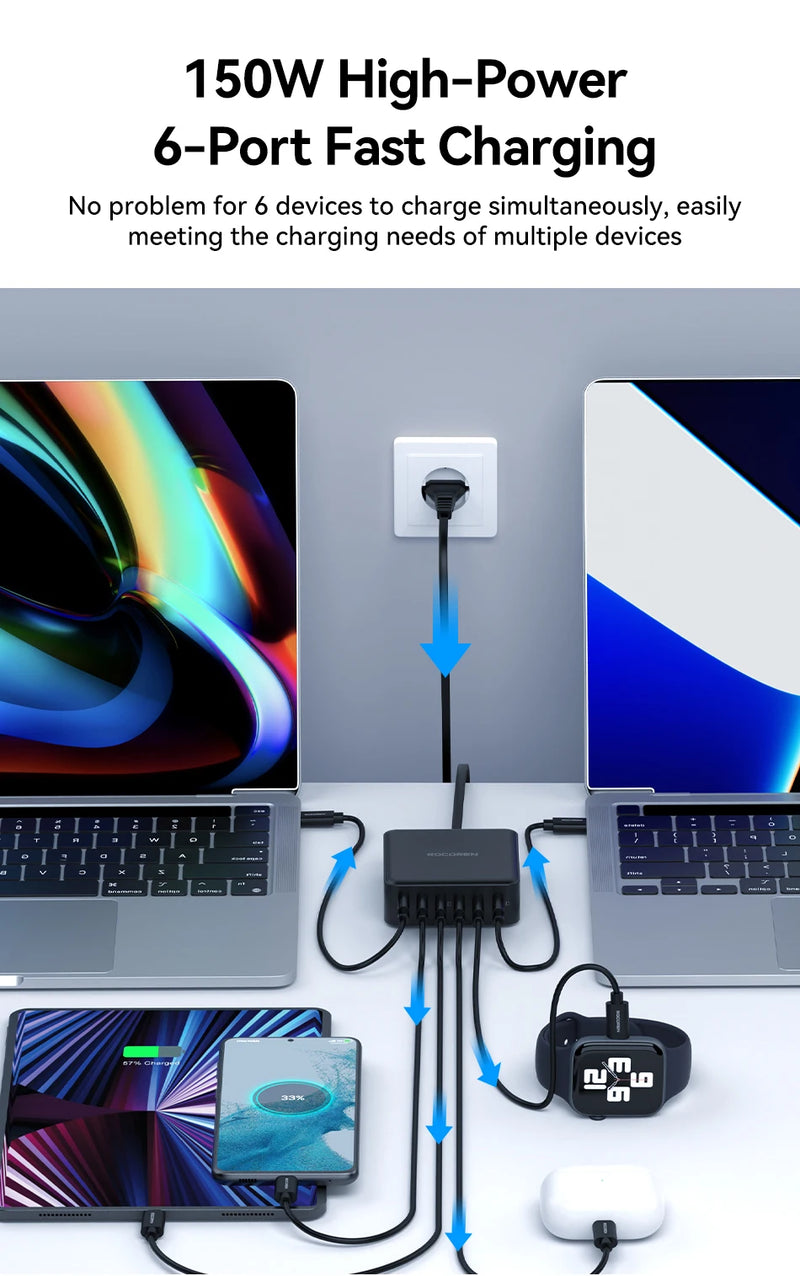 Rocoren 150W 6 in 1 Multi Port USB Type C High Speed Charger Fast Charging Dock Desktop Charger Power Station For iPhone Samsung