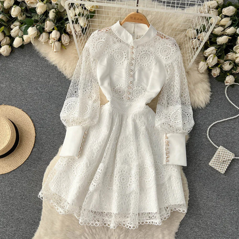 Vintage Flower Embroidery Hollow Out Lace White Dress Women's Stand Collar Long Lantern Sleeve Pearls Buttons Party Vestidos