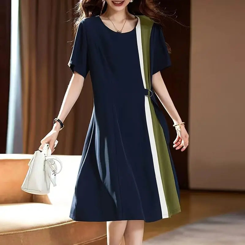ZANZEA Women Patchwork Long Dress Korean Fashion Belt Waist Vestidos 2024 Summer Elegant Short Sleeve Robe Holiday Loose Dresses