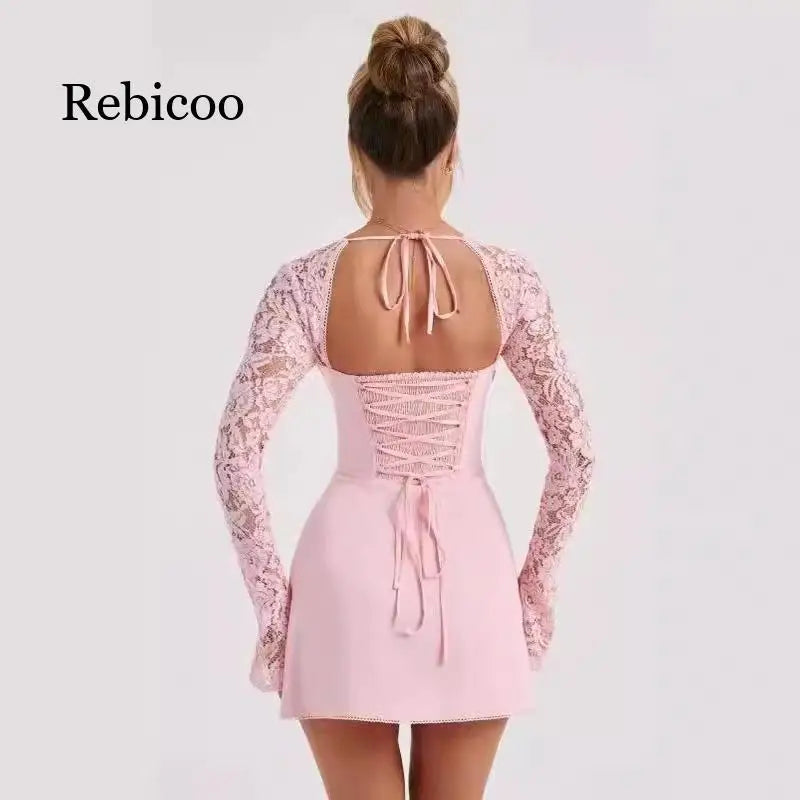 2024 European and American Fashion Women New Sexy Lace Lace Trimmed Slim Fit Backless French Long Sleeved Dress