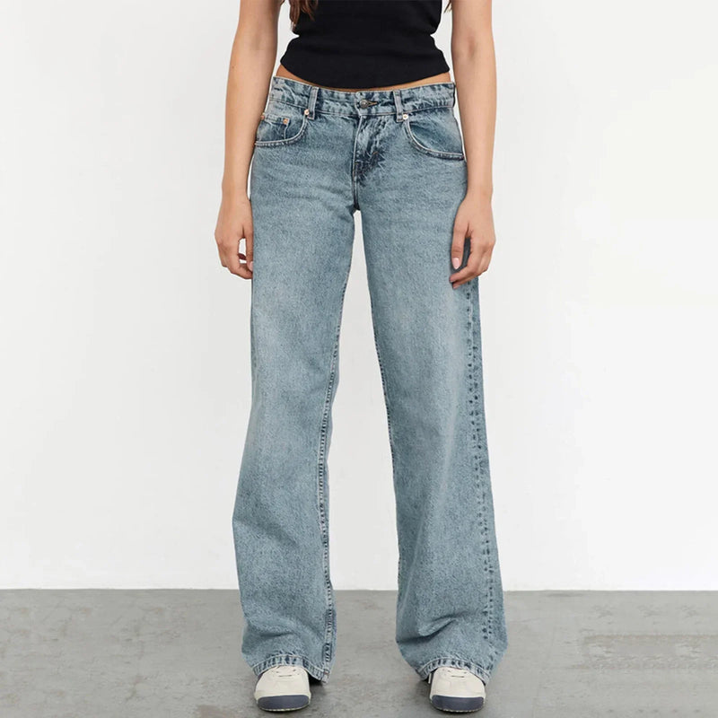 Women Casual Low Rise Jeans Fashion Loose Straight Leg Denim Pants with Pockets for Summer Spring