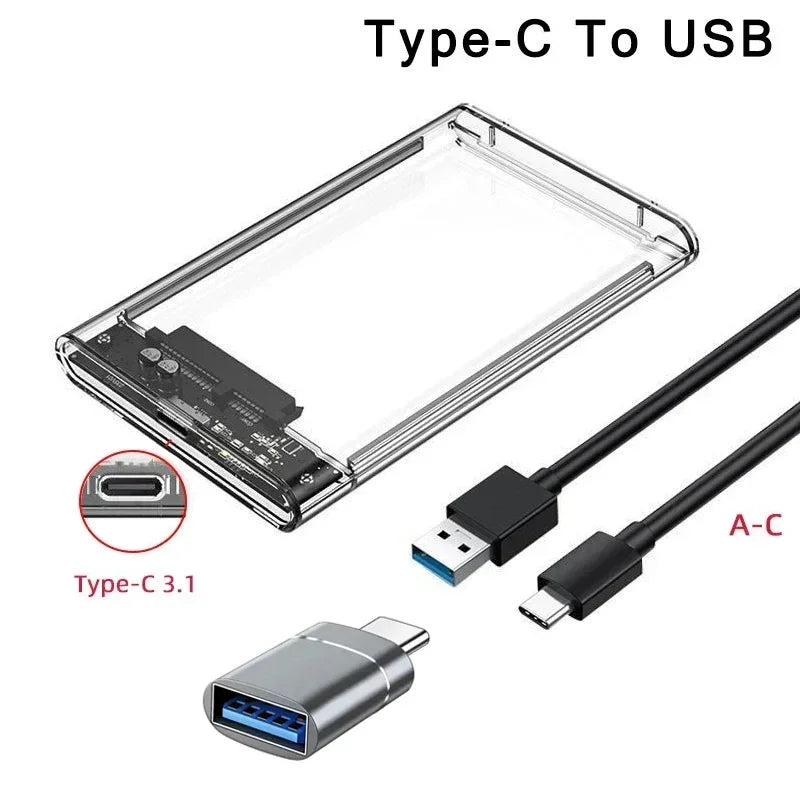 2.5 Inch SATA SSD External Hard Drive Case USB 3.0/Type C HDD Enclosure with 5Gbps Transfer Speed Clear Harddisk Boxs Hdd Case