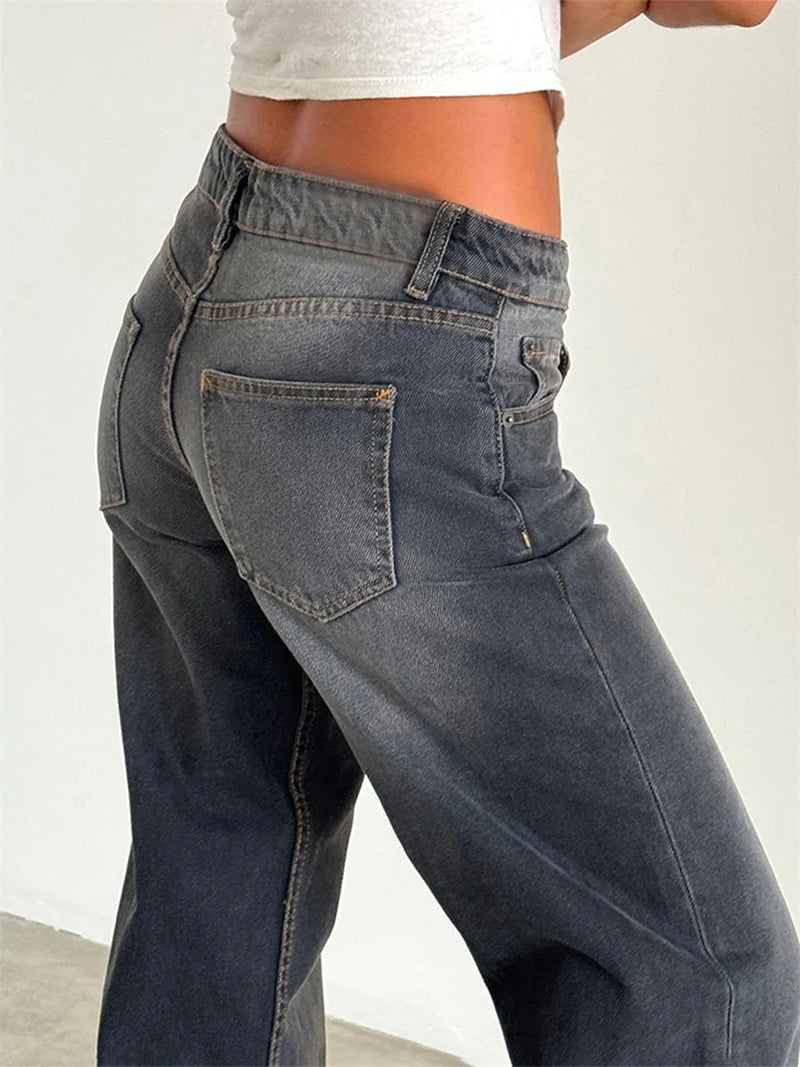Women Casual Low Rise Jeans Fashion Loose Straight Leg Denim Pants with Pockets for Summer Spring