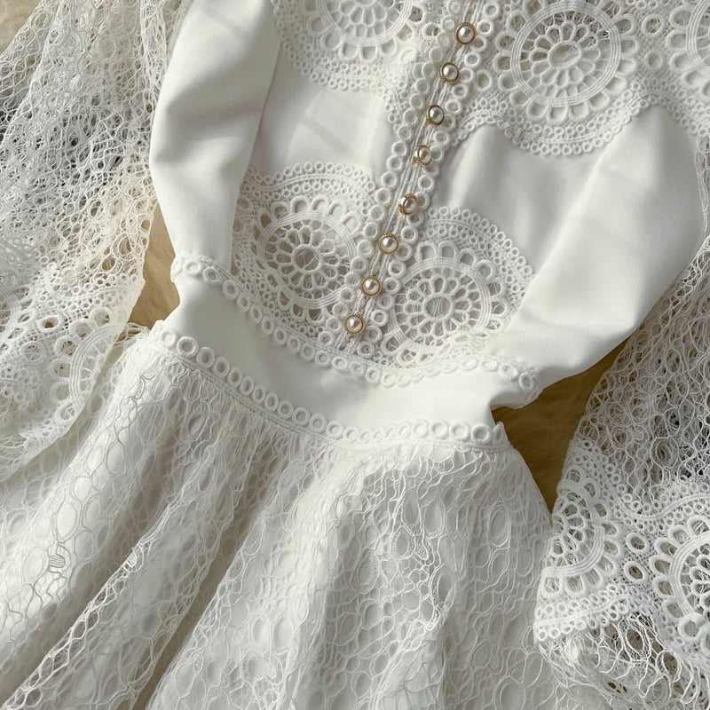 Vintage Flower Embroidery Hollow Out Lace White Dress Women's Stand Collar Long Lantern Sleeve Pearls Buttons Party Vestidos
