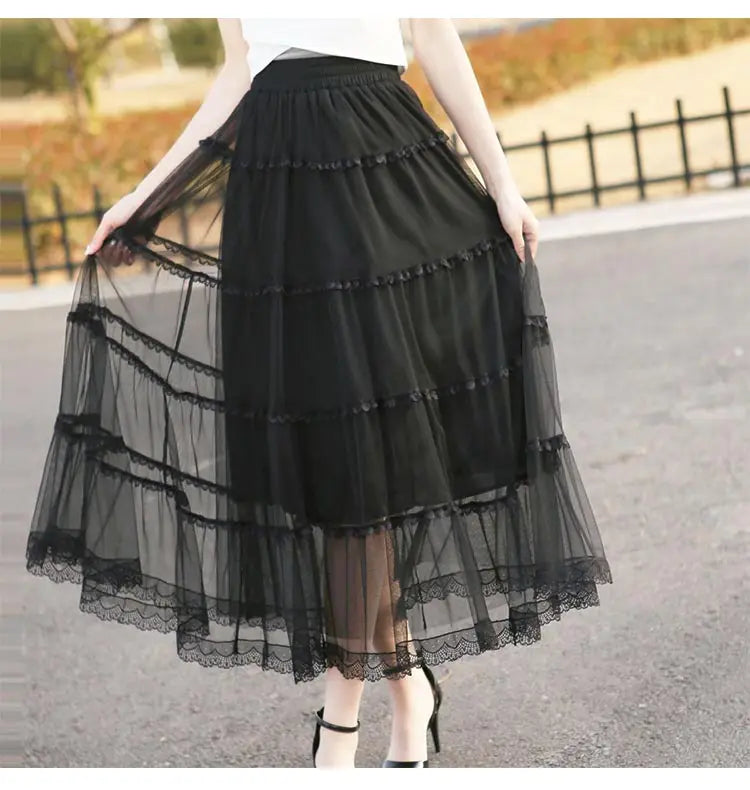 Korean Fluffy Long Tutu Skirt Women Ladies Vintage Elastic High Waisted Tulle Ball Gown Skirts