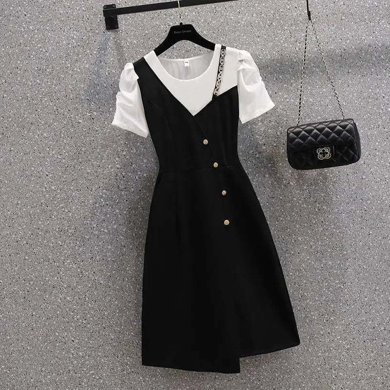 Korean Elegant Summer Dress 2025 New All-match Midi Skirt Women's Fashion Chic Irregular Slim T-Shirt Fake Two Piece Dresses