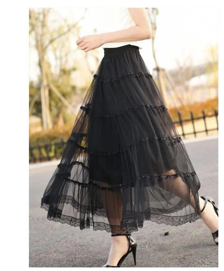 Korean Fluffy Long Tutu Skirt Women Ladies Vintage Elastic High Waisted Tulle Ball Gown Skirts