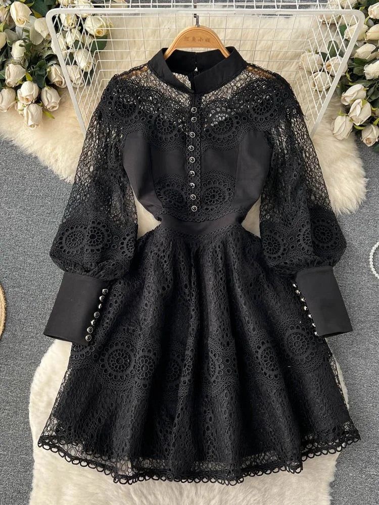 Vintage Flower Embroidery Hollow Out Lace White Dress Women's Stand Collar Long Lantern Sleeve Pearls Buttons Party Vestidos