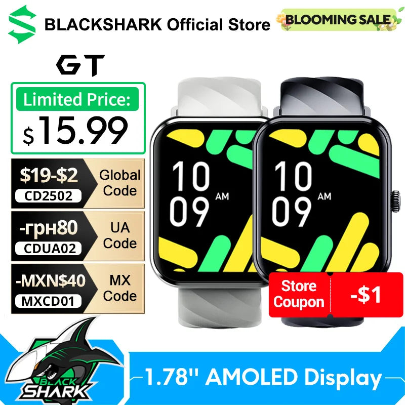 Global Version Black Shark GT SmartWatch BT Calling Health Monitoring 1.78 AMOLED Screen 10 Days Life 100+ Sport Modes