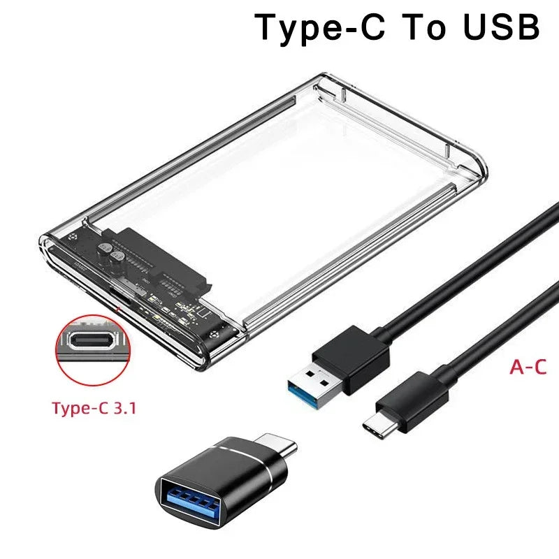 2.5 Inch SATA SSD External Hard Drive Case USB 3.0/Type C HDD Enclosure with 5Gbps Transfer Speed Clear Harddisk Boxs Hdd Case