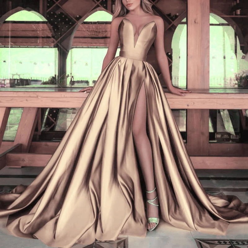 Women'S One Shoulder Sequin Dresses Sexy Pure Desire Fashionable Elegant A-Line Dress Solid Color High Split Wedding Skirt