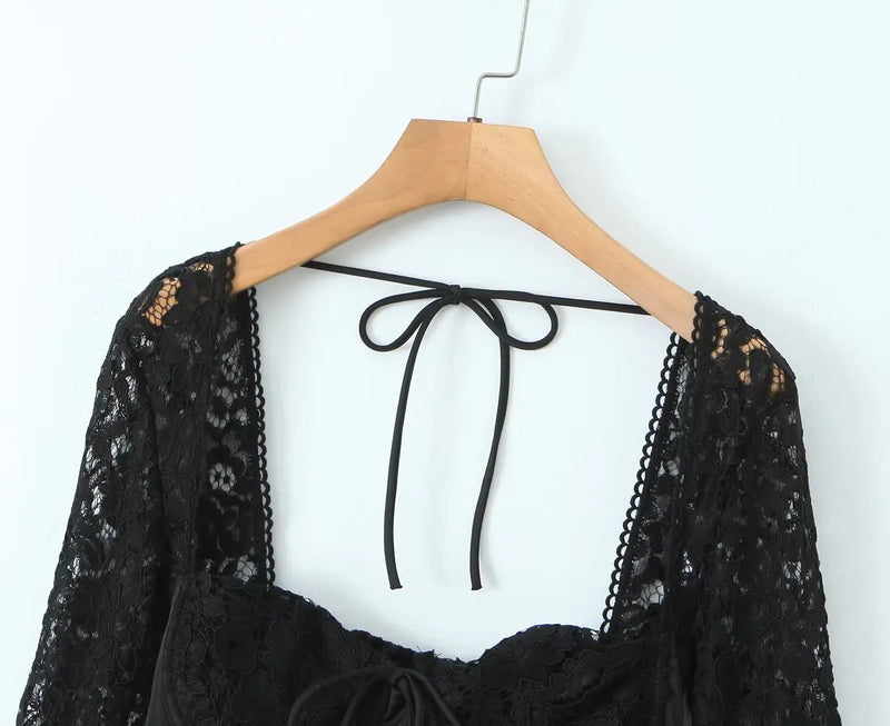 Sexy White Spliced Lace Wire Chest Corset Style Mini Dress Women Full Sleeve Cross Bandage Lacing up Back Bow Party Skater Robe