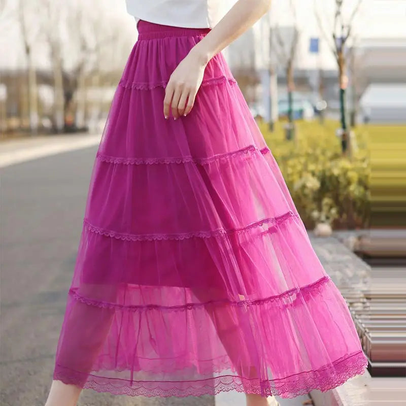 Korean Fluffy Long Tutu Skirt Women Ladies Vintage Elastic High Waisted Tulle Ball Gown Skirts