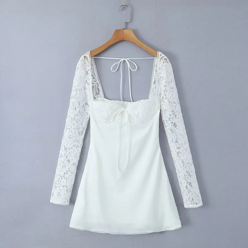 Sexy White Spliced Lace Wire Chest Corset Style Mini Dress Women Full Sleeve Cross Bandage Lacing up Back Bow Party Skater Robe