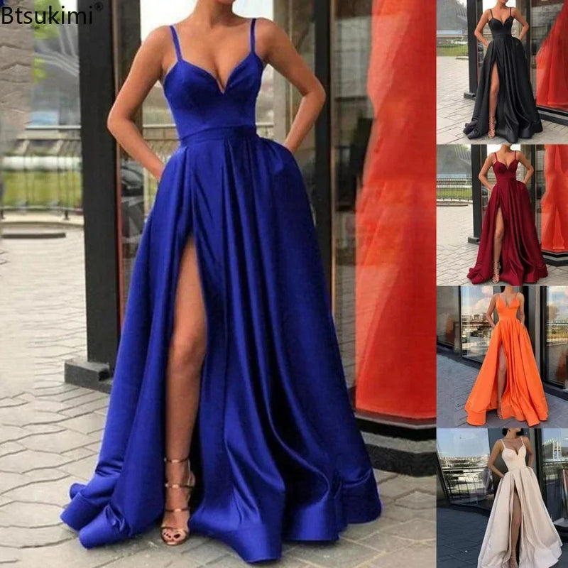 2025 Women's Evening Wedding Party Dress Solid Elegant Side Slit A-Line Satin Sleeveless Straps Banquet Maxi Long Dress Vestidos