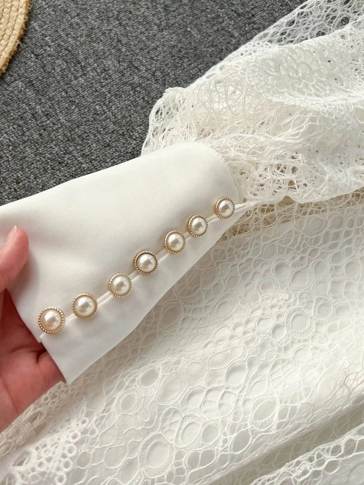Vintage Flower Embroidery Hollow Out Lace White Dress Women's Stand Collar Long Lantern Sleeve Pearls Buttons Party Vestidos