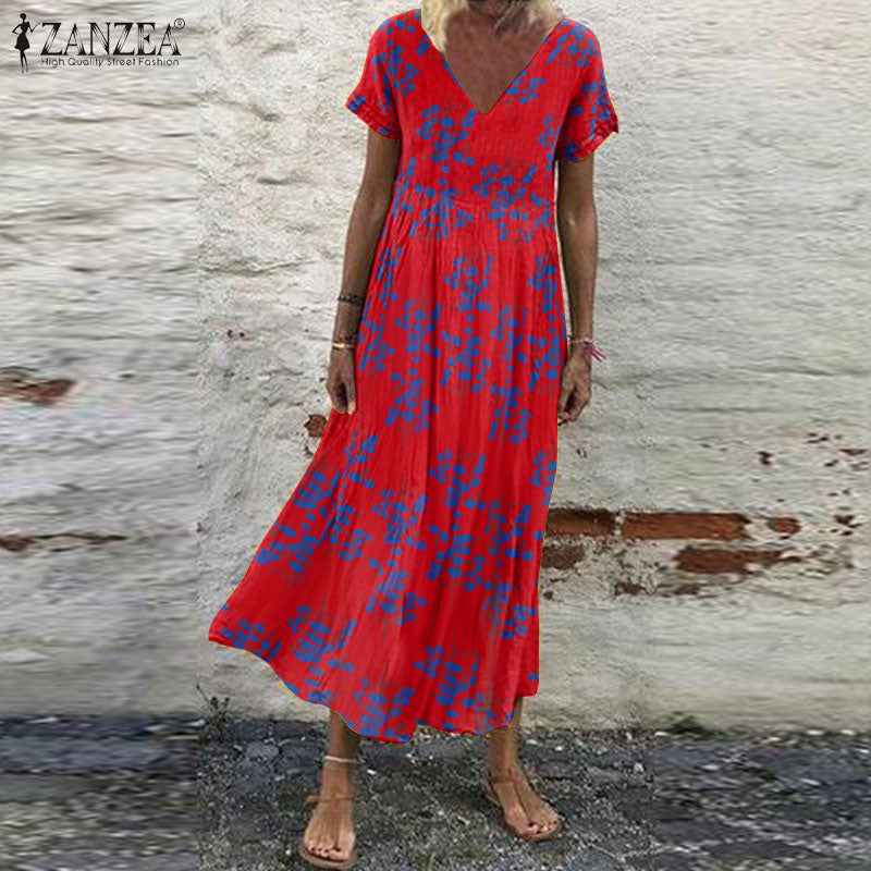 Oversized Womens Floral Sundress ZANZEA 2023 Kaftan Printed Summer Dress Short Sleeve Maxi Vestidos Female Casual Robe Femme